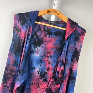 COIN 1804 Tie Dye Hooded Duster Vest Womens 1X Red Blue Sleeveless Festival
